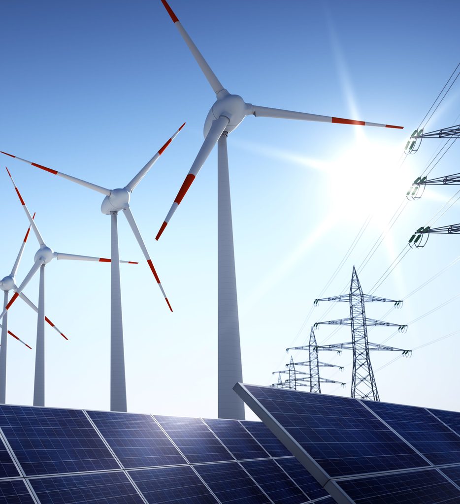Transmission towers, solar panels and wind turbines
