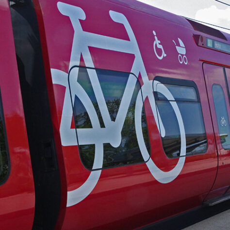 Modern train at station in the suburb of Copenhagen, Denmark.