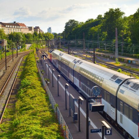 Copenhagen city train arriving to the station platform under bridge, green summer landscape in evening sunshine, Copenhagen, Denmark