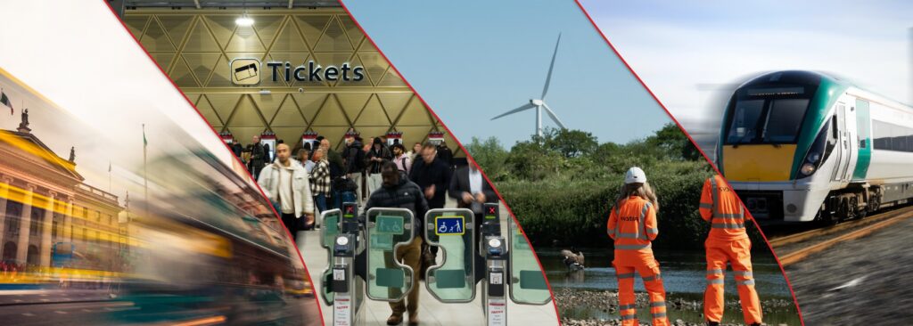 SYSTRA Ireland homepage banner with a bus in Dublin, Gatwick airport station, environmental specialists and Irish rail.