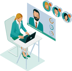 graphic depicting woman sat on computer at a desk on a call