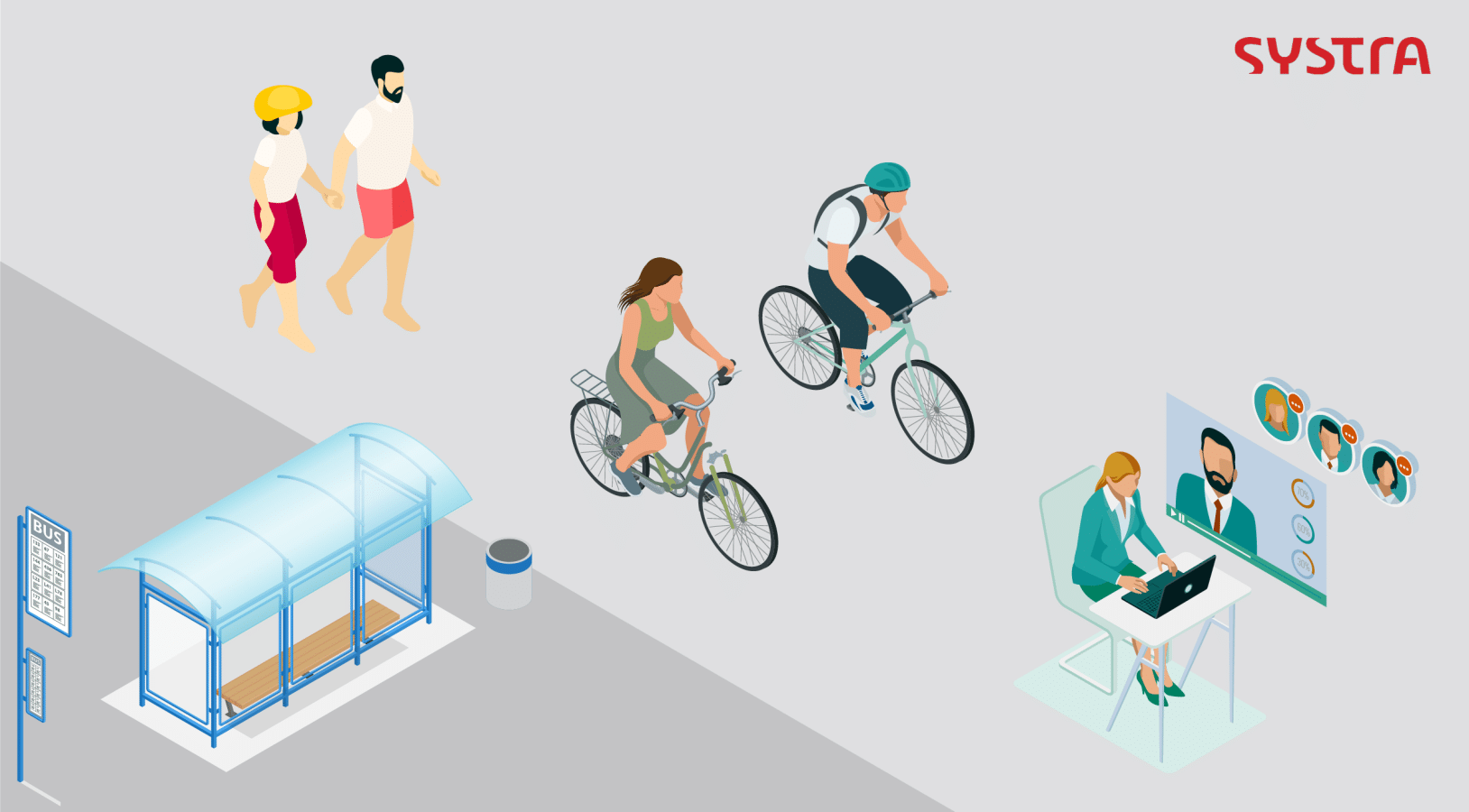 Graphic depicts two people walking, two people cycling and one person working at a desk.