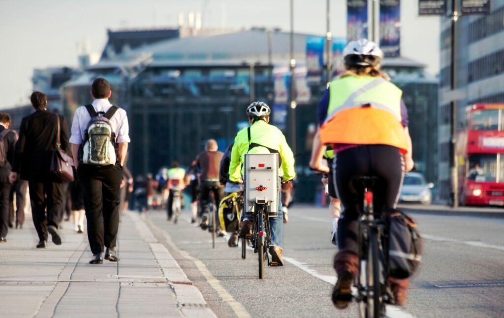 Pedestrians, cyclists and London bus