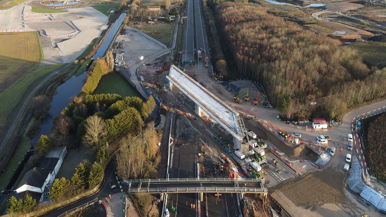 Drone images of the Marston Box bridge after it was successfully installed over the M42 motorway in Warwickshire