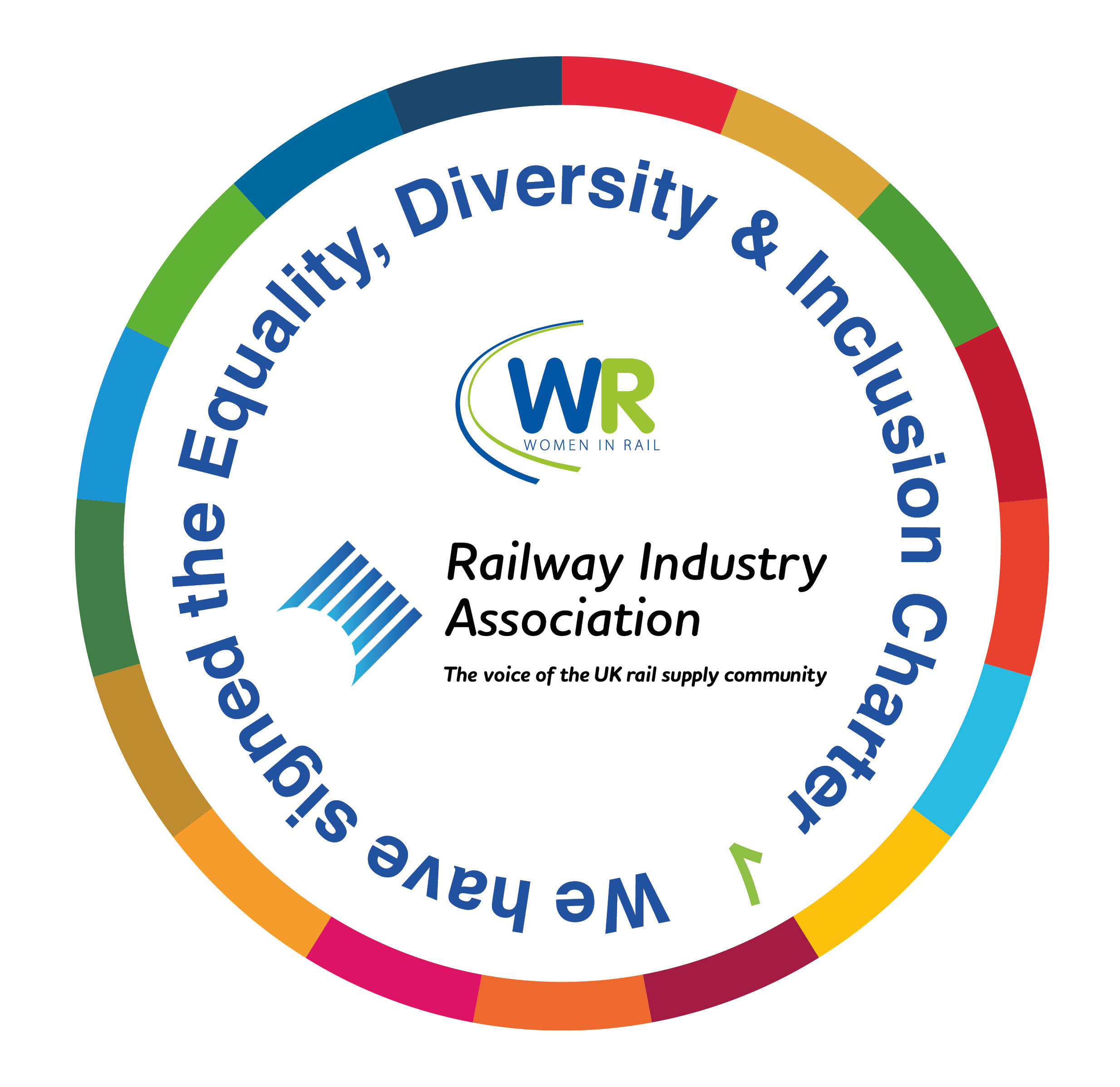 Women in Rail / Railway Industry Association ED&I circular charter badge. The border is detailed with equal blocks of green, blue, red, yellow, orange, turquoise and pink. Inside the border in a circular shape it reads 'We have signed the Equality, Diversity & Inclusion Charter'. In the centre the Women in Rail logo is pictured above the Rail Industry Association logo and 'The voice of the UK rail supply community'.