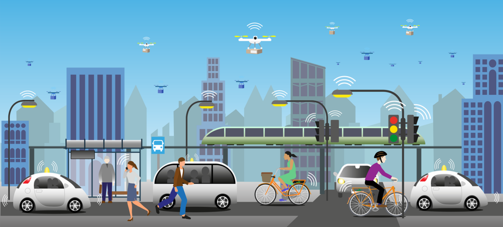 Planning Transport Futures Today SYSTRA and Landor webinar series graphic. A futuristic city daytime scene showing various modes of transport including a train (on a rail track elevated from the ground), cyclists, walkers, cars, and drones carrying items for delivery.