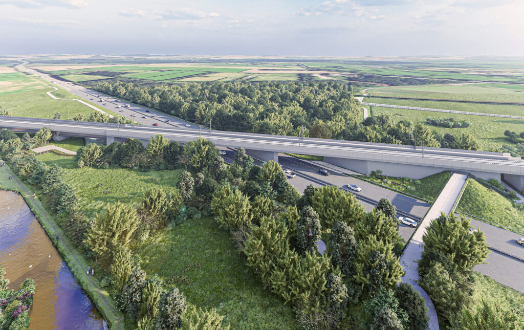 view of motorway with bridge over it. This was the Marston bridge slide project for HS2.