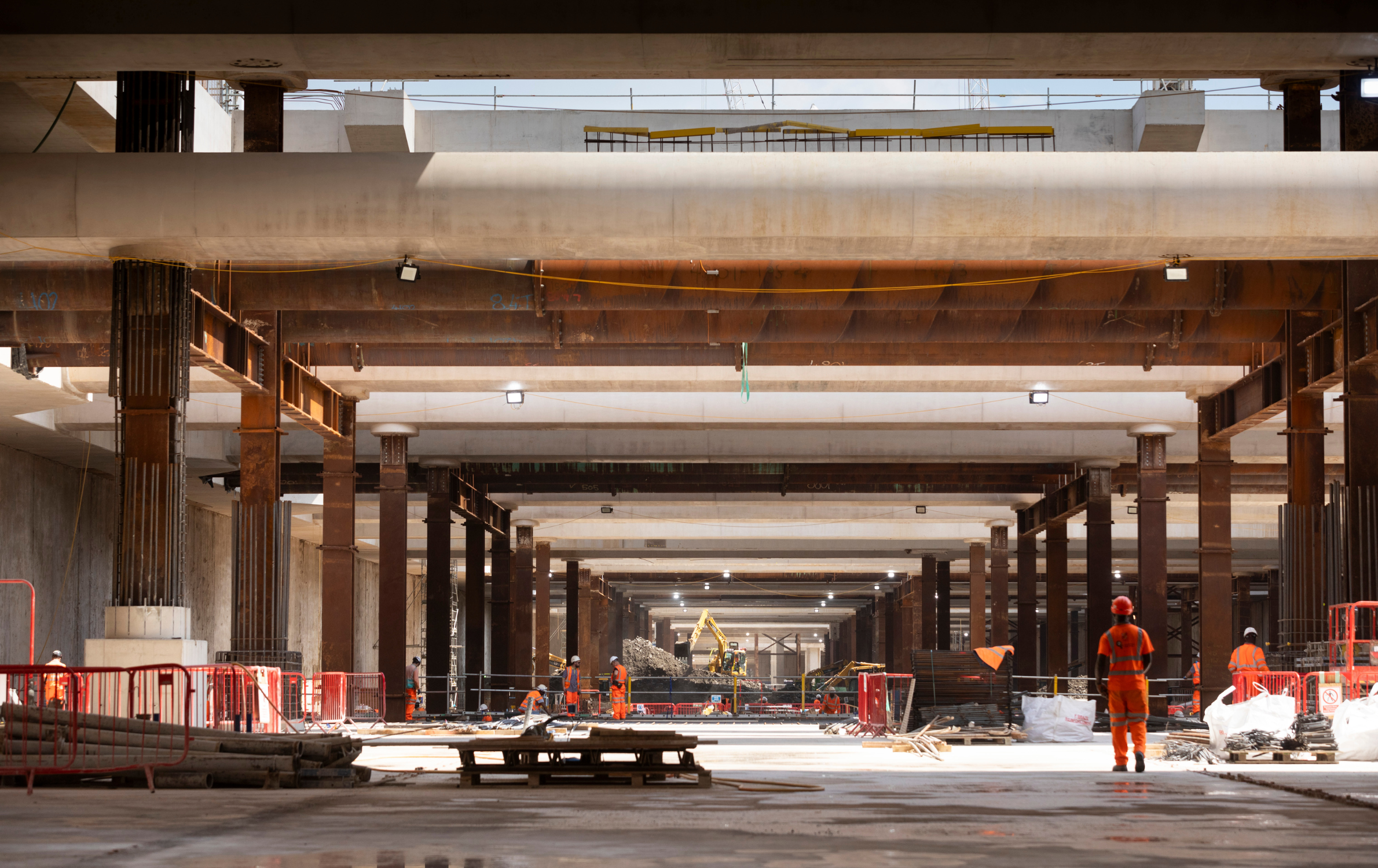 Construction area of Old Oak Common showing the excavation of the box completed.