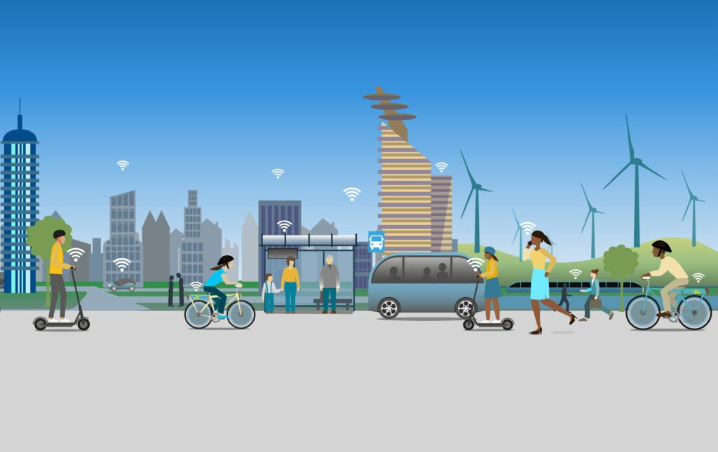 Image shows various modes of transport with data signals, in front of a city-scape.