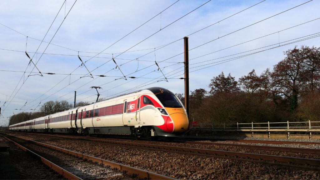 LNER train travelling along the East Coast Mainline